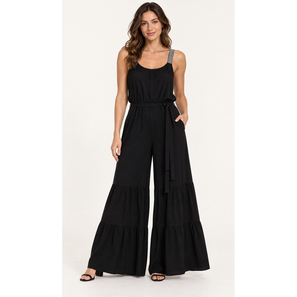 MSK Womens Black Tiered Wide Leg Jumpsuit Geometric Straps Belted Large